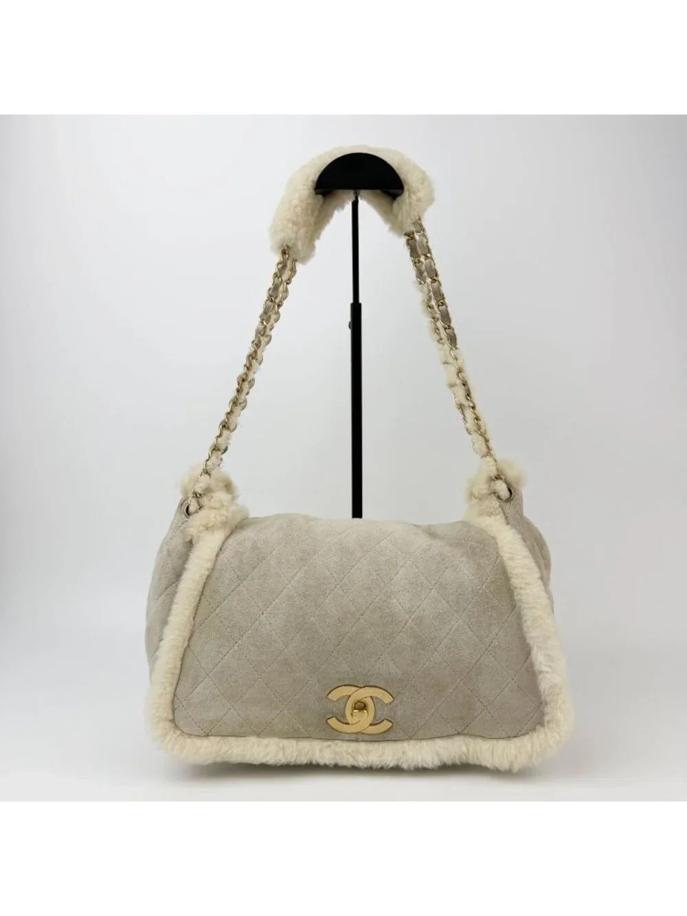 Chanel CC Logo Quilted Chain Shoulder Bag Shearling Suede Gray Ivory Gold Seal